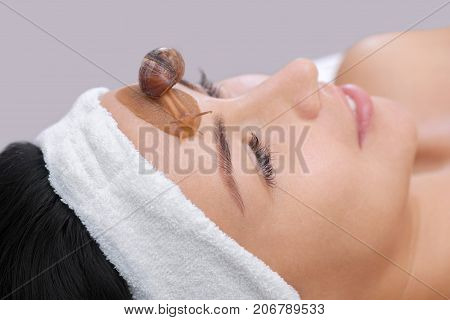 Cosmetological Procedure. Beautiful Young Woman With A Snail Ahatin On Her Face In A Beauty Salon.