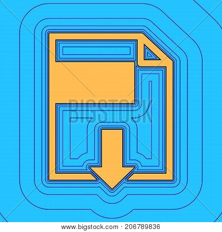 File download sign. Vector. Sand color icon with black contour and equidistant blue contours like field at sky blue background. Like waves on map - island in ocean or sea.
