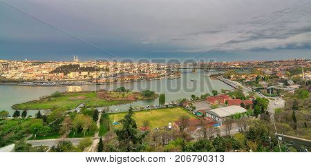 Istanbul Turkey - April 22 2017: Istanbul city view from Pierre Loti Teleferik station overlooking Golden Horn Eyup District Istanbul Turkey