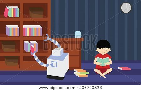 Domestic robot picking book from bookshelf while his young owner is stydying. Personal robot assistance futuristic concept illustration vector.