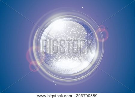 Snow globe empty Christmas magic ball. Xmas retro violet snowglobe vector illustration. Crystal dome snowflake and sparkling light effect. Rotation spark card.