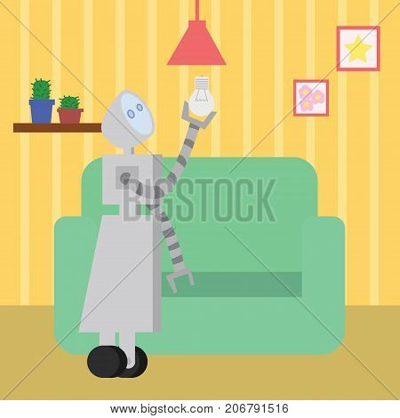 Domestic robot changing the bulb in living room. Personal robot housekeeping futuristic concept illustration vector.