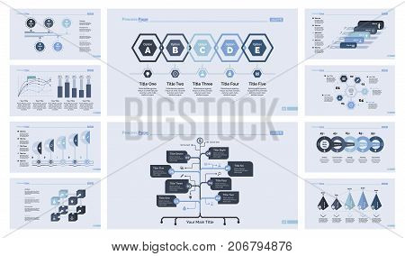 Creative diagram design set for annual report, presentation, infographic. Marketing concept. Option chart, scatter plot, bar graph, cube graph, flowchart, percentage diagram, timing and date chart