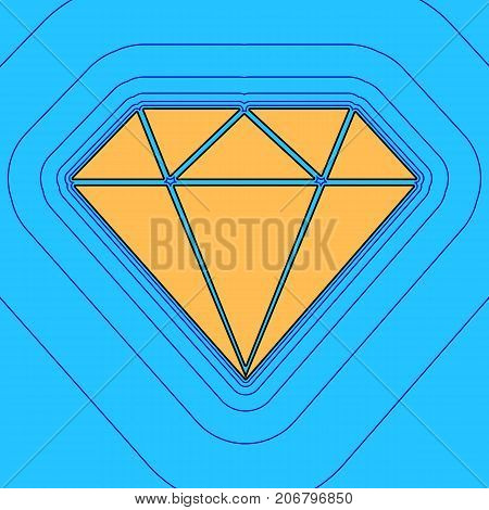 Diamond sign illustration. Vector. Sand color icon with black contour and equidistant blue contours like field at sky blue background. Like waves on map - island in ocean or sea.