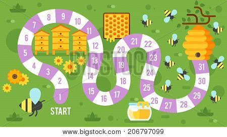 Vector flat style illustration of kids honey and beekeeping board game template. For print.