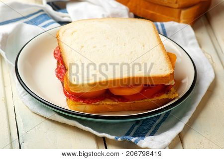 Omelet salami sandwich for breackfast ..selective focus