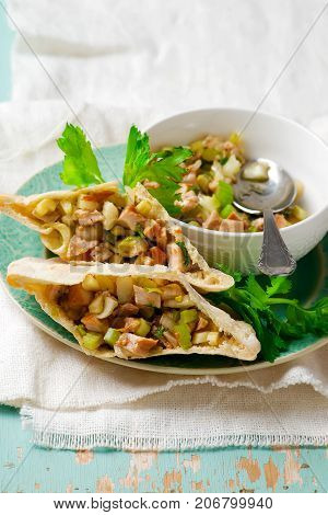 pita with mustard chicken salad.. selective focus