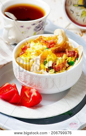 Breackfast omelette pita with tomato ..selective focus