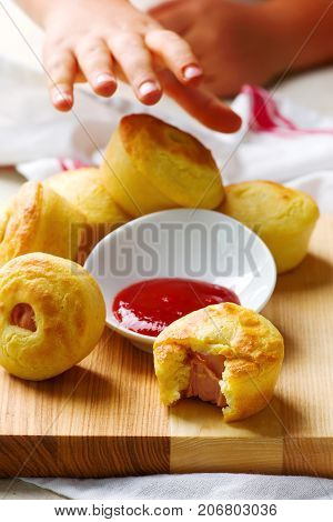 Mini corn dog. style rustic. selective focus