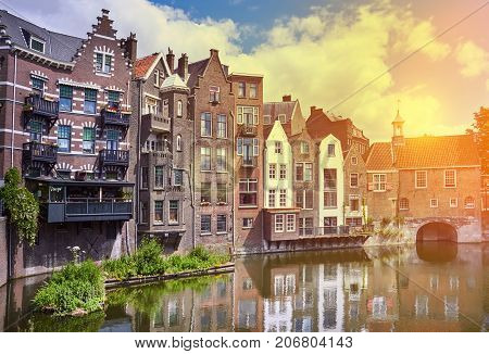 Delfshaven in Rotterdam at sunset, historic centre of Netherlands