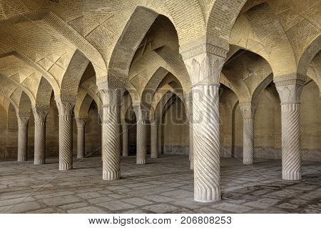 Fars Province Shiraz Iran - 19 april 2017: Deserted interior Vakil Mosque Prayer Hall.