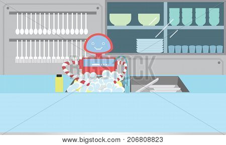 Domestic robot washing dishes in the kitchen. Personal robot housekeeping futuristic concept illustration vector.