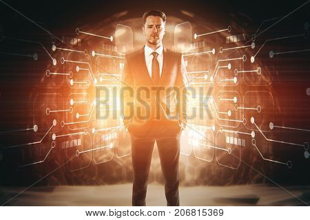 Handsome confident young eurpean businessman standing in abstract interior with glowing circuit board. Innovation concept. 3D Rendering