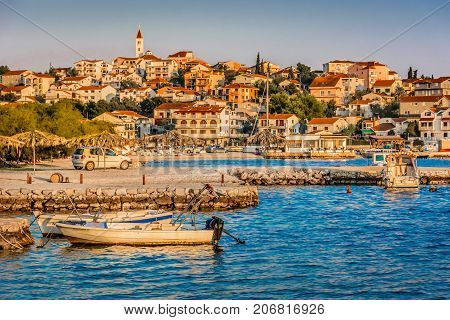 Seafront view at small town in suburb od Trogir, Beget Vranjica scenery, Croatia.