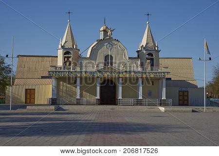 Tirana, Tarapaca, Chile - August 28, 2017: Historic church in the small town of Tirana in the Atacama Desert, Tarapaca, Chile.