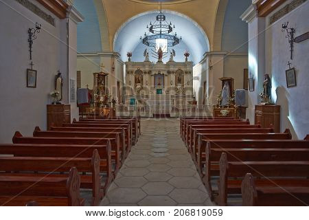 Matilla, Tarapaca, Chile - August 28, 2017: Interior of the historic church San Antonio in the village of Matilla in the Atacama Desert, Tarapaca, Chile.