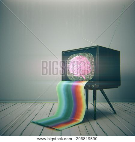 Abstract vintage TV with brain sketch on screen placed in minimalistic interior. Brainstorm mind control concept. 3D Rendering