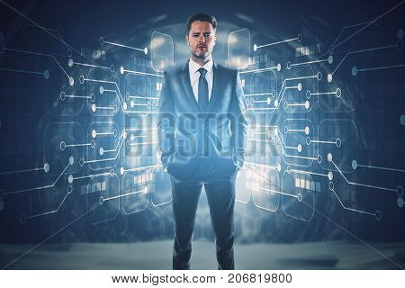 Handsome confident young eurpean businessman standing in abstract interior with glowing circuit board. Technology concept. 3D Rendering