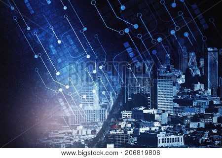 Abstract circuit board and city backdrop. Technology and innovation concept. Double exposure