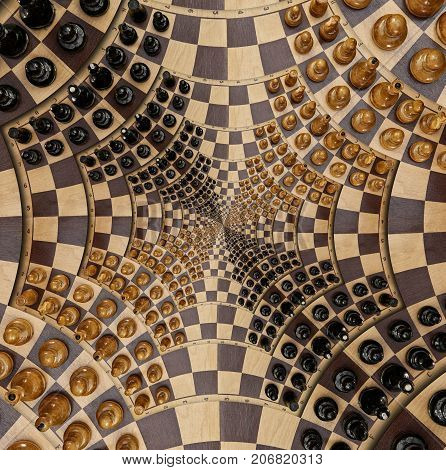 Abstract wooden chess desk white black figures spiral effect. Chess wooden board abstract spiral fractal Surreal chess board figures spiral background pattern incredible fractal effect. Chess game four corners