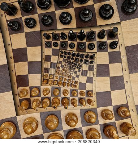 Abstract wooden chess desk board square spiral effect. Chess wooden board abstract spiral fractal Surreal chess board figures spiral background pattern fractal effect