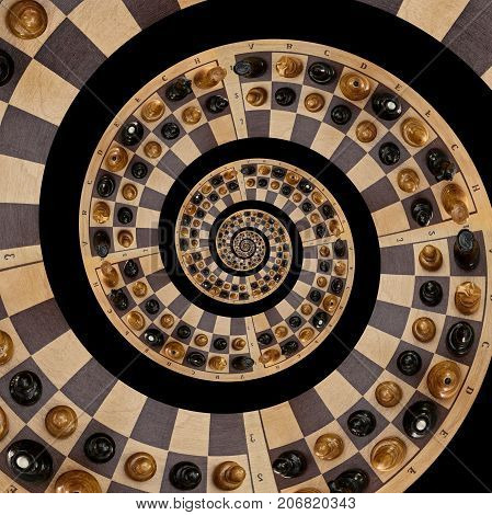 Isolated on black abstract wooden chess desk white black figures mix spiral effect. Chess wooden board abstract spiral fractal Surreal chess board figures spiral background pattern fractal effect