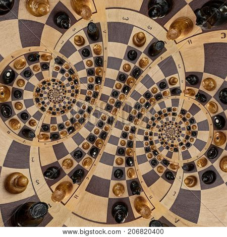 Abstract wooden chess desk white black figures double spiral effect. Chess wooden board abstract spiral fractal Surreal chess board figures spiral background pattern incredible fractal effect Chess game