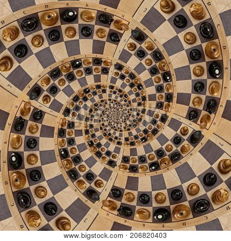 Abstract wooden chess desk white black figures mix spiral effect. Chess wooden board abstract spiral fractal Surreal chess board figures spiral background pattern incredible fractal effect Chess game