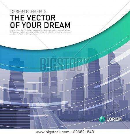 Design element for corporate graphic layout. Modern abstract geometry background template design whith colored cityscape vector illustration for investment, business, real estate, construction.