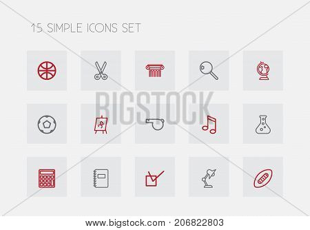 Set Of 15 Editable Science Outline Icons. Includes Symbols Such As Calculate, Classbook, Sport And More