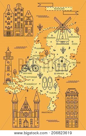 The Netherlands map in flat line design with traditional houses, symbols and decorations. Vector illustration of Holland area for banners, flyers, backgrounds, cards and posters.