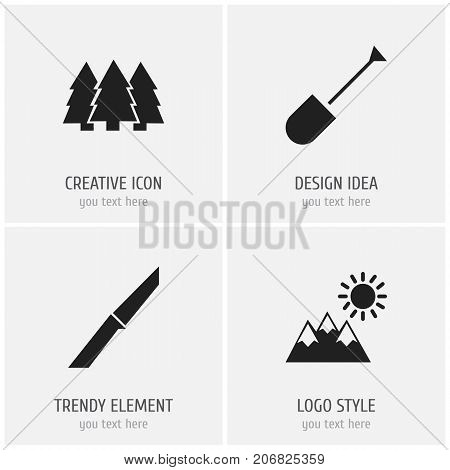 Set Of 4 Editable Travel Icons. Includes Symbols Such As Pine , Landscape, Knife