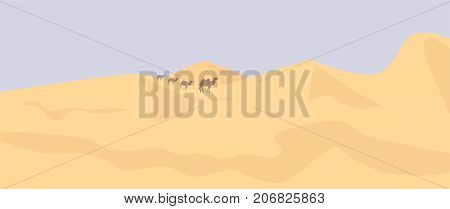 Desert dunes vector landscape background. Caravan of camels