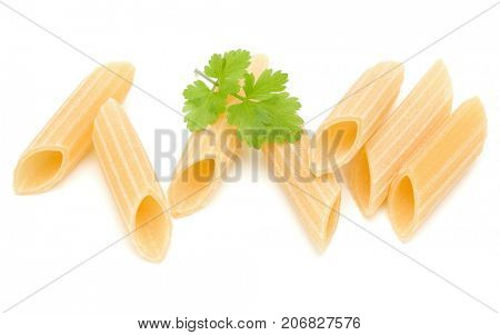 Italian pasta isolated on white background. Pennoni. Penne rigate.