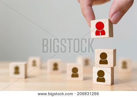 Human resources management and recruitment business build team concept Hand putting wood cube block on top Copy space
