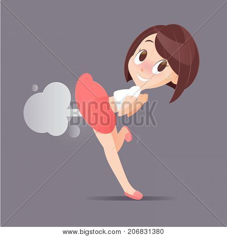 Cute Woman Farting With Blank Balloon Out From Her Bottom Vector Funny Face Cartoon Illustration