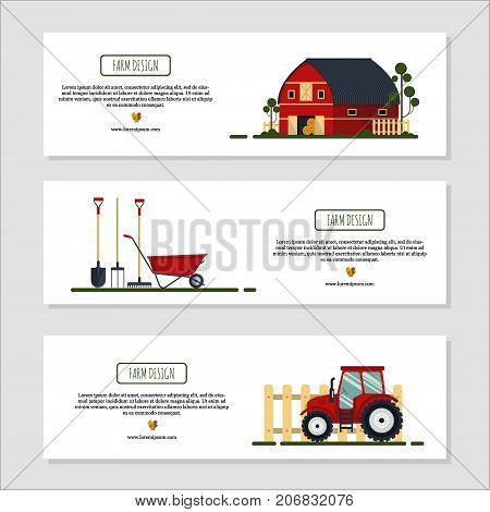 Set of horizontal banners for farm desing with tractor, barn, tools, wheelbarrow. Farming equipment - flat vector illustration.