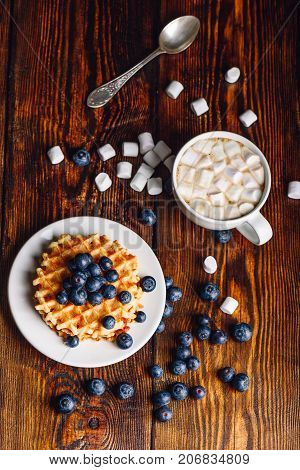 Homemade Waffles on Plate with Fresh Blueberry and Cup of Hot Chocolate with Marshmallow. Vertical orientation.