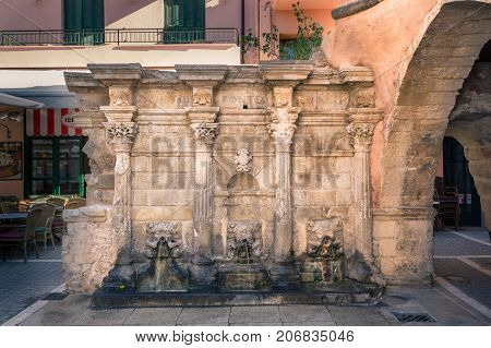 The Rimondi Fountain in the centre of the old town of Rethymnon, Crete, Greece, on April 10, 2017.