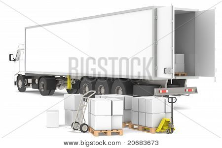 Verteilung. Öffnen Sie Anhänger mit Paletten, Kästen und LKW. Rahmen einer blauen und gelben Lager und l