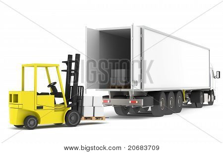 Laden den LKW. Gabelstapler laden einen Trailer. Teil einer blaue und gelbe Lager- und Logistik-SE
