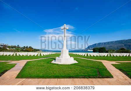 The allies cemetery of the second world war with the cross of remembrance, Souda Bay, Crete, Greece on June24, 2017.