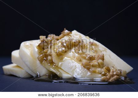 Suluguni Cheese, Walnut And Honey On Black Slate Platter