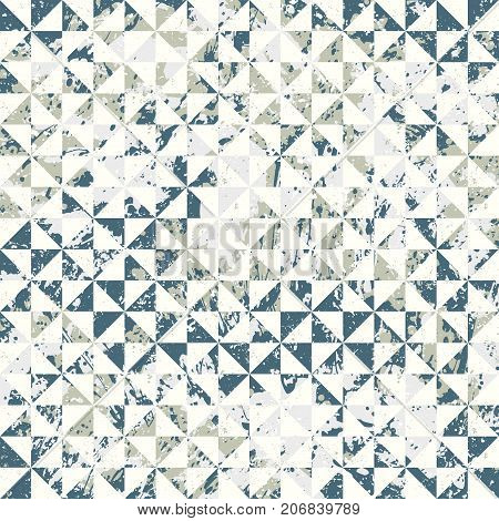 Small geometric abstract mosaic pattern with triangles and simple shapes in retro colors for fall winter fashion. Abstract dynamic retro tiles background. Seamless simple grunge micro vector print