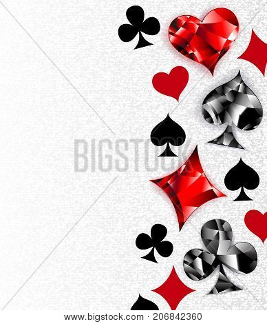 Gray textured background with polygonal playing cards symbols. Symbols of playing cards heart diamond spade and club.