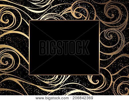 Jeweled golden marine background with a filigree wave pattern and golden sand.