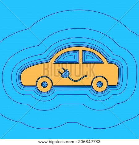 Electric car sign. Vector. Sand color icon with black contour and equidistant blue contours like field at sky blue background. Like waves on map - island in ocean or sea.