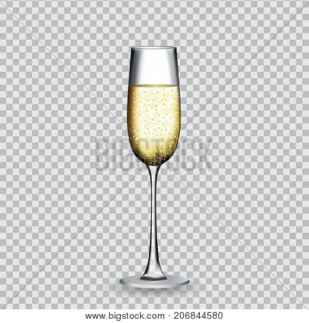 Naturalistic glass with festive champagne on transparent background. Vector Illustration. EPS10