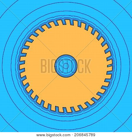 Saw sign. Vector. Sand color icon with black contour and equidistant blue contours like field at sky blue background. Like waves on map - island in ocean or sea.