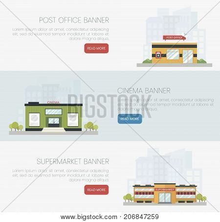Detailed colorful flat buildings of post office, cinema and supermarket. Public buildings. Conceptual cartoon vector Illustration for web banners or promotional materials